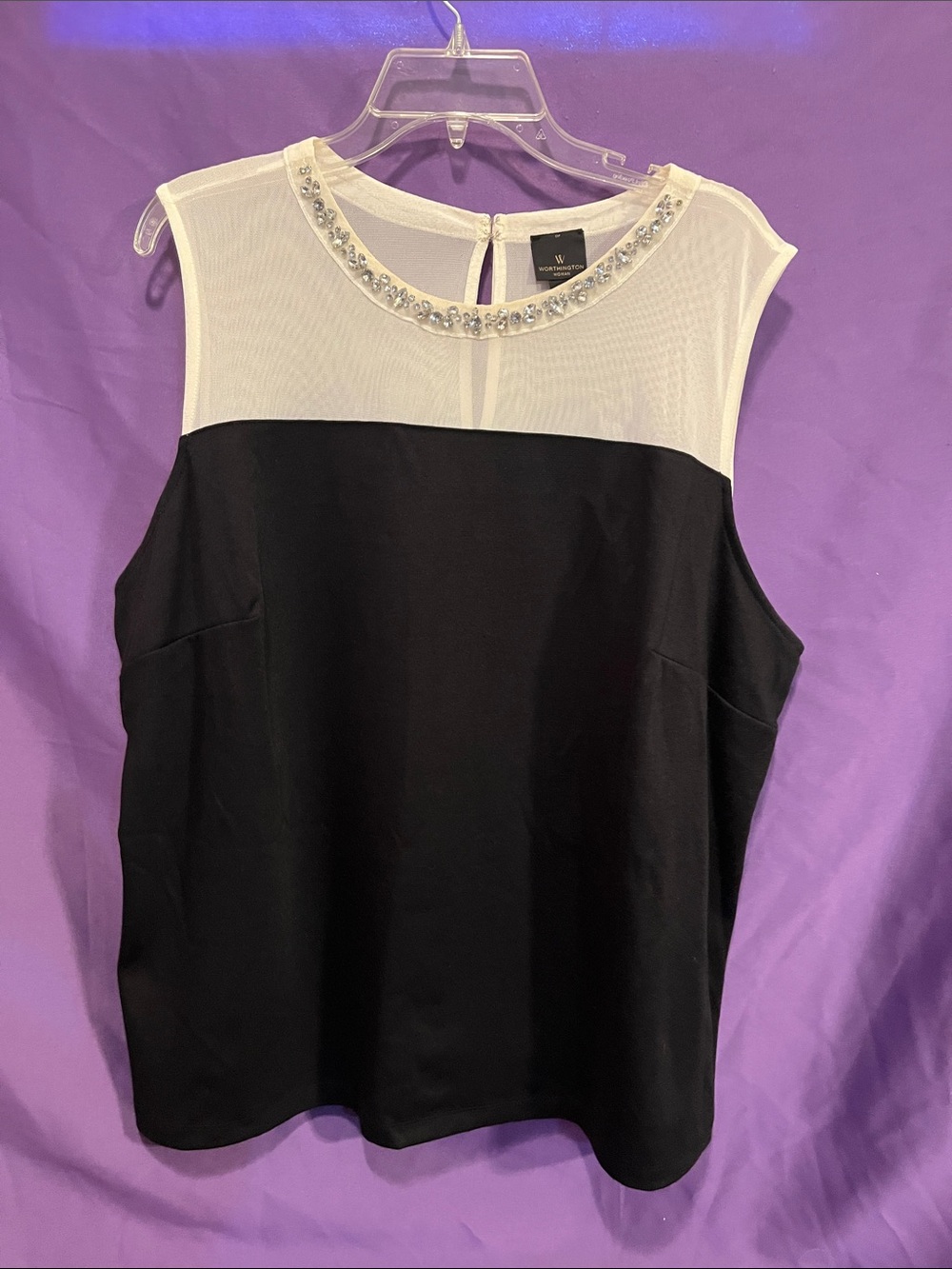 Worthington Black and Cream Jeweled Mesh Yoke Sleeveless Top